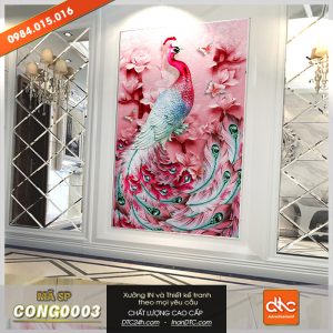 Tranh chim công đua sắc bên hoa đẹp